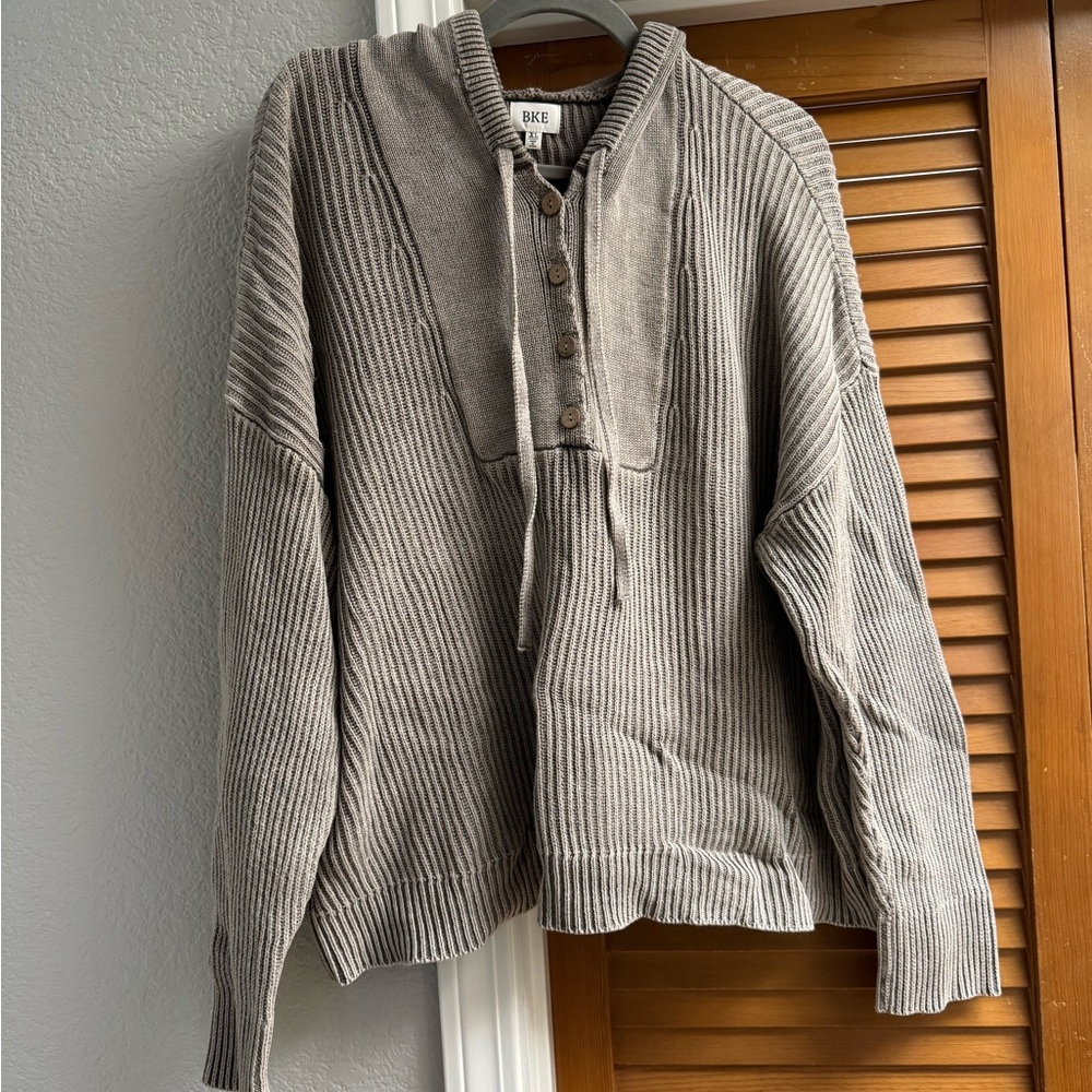 BKE Ribbed Gray-Taupe Hooded Sweater